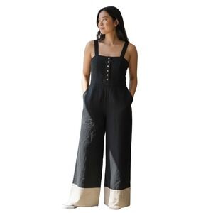 Maeve Anthropologie The Colette Jumpsuit Black Linen Wide Leg Colorblock Size 12